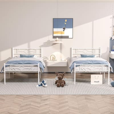 VECELO Twin Size Bed Frame Set of 2 with Headboard, 14 Inch Metal Platform Mattress Foundation Kids Bed Set of 2