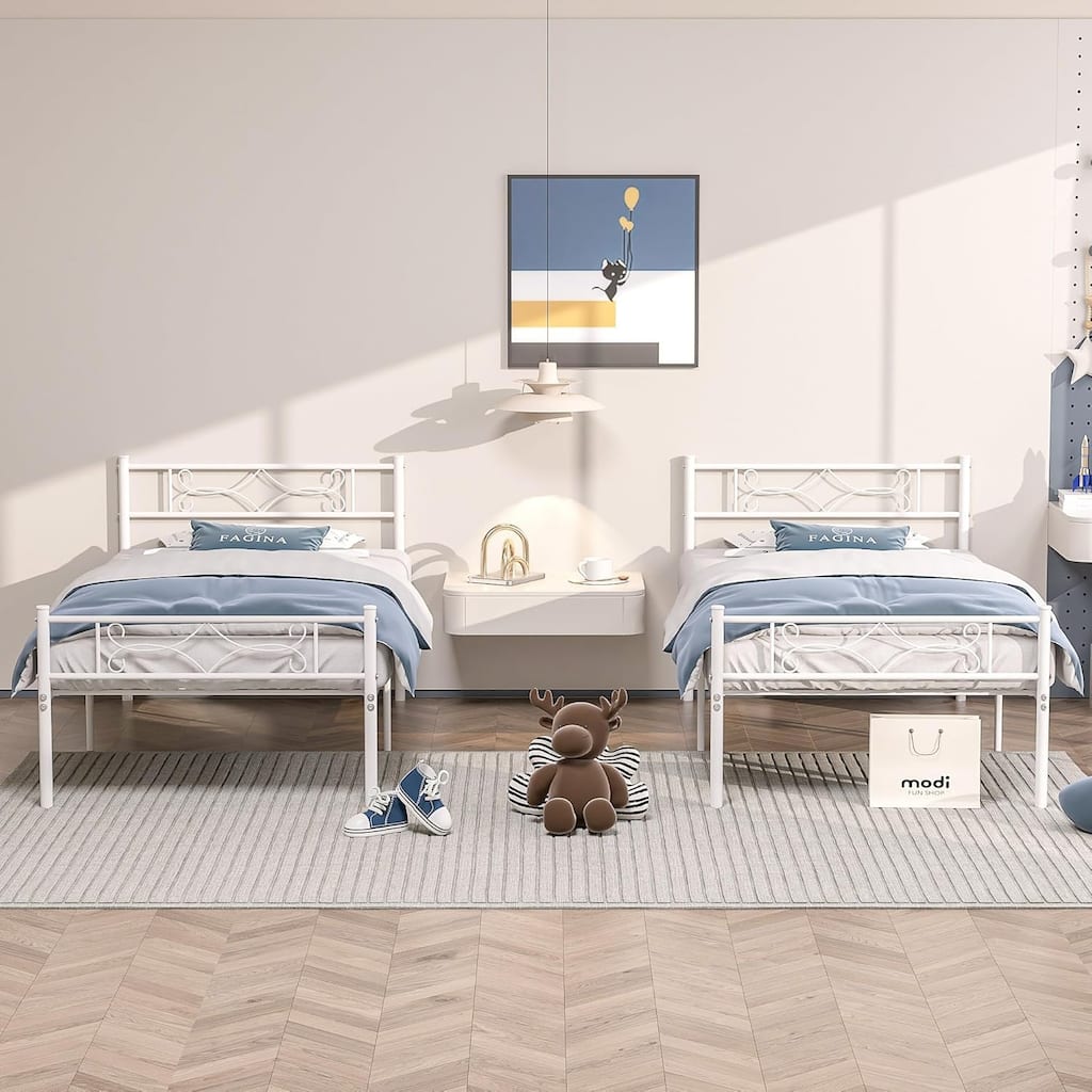 VECELO Twin Size Bed Frame Set of 2 with Headboard, 14 Inch Metal Platform Mattress Foundation Kids Bed Set of 2