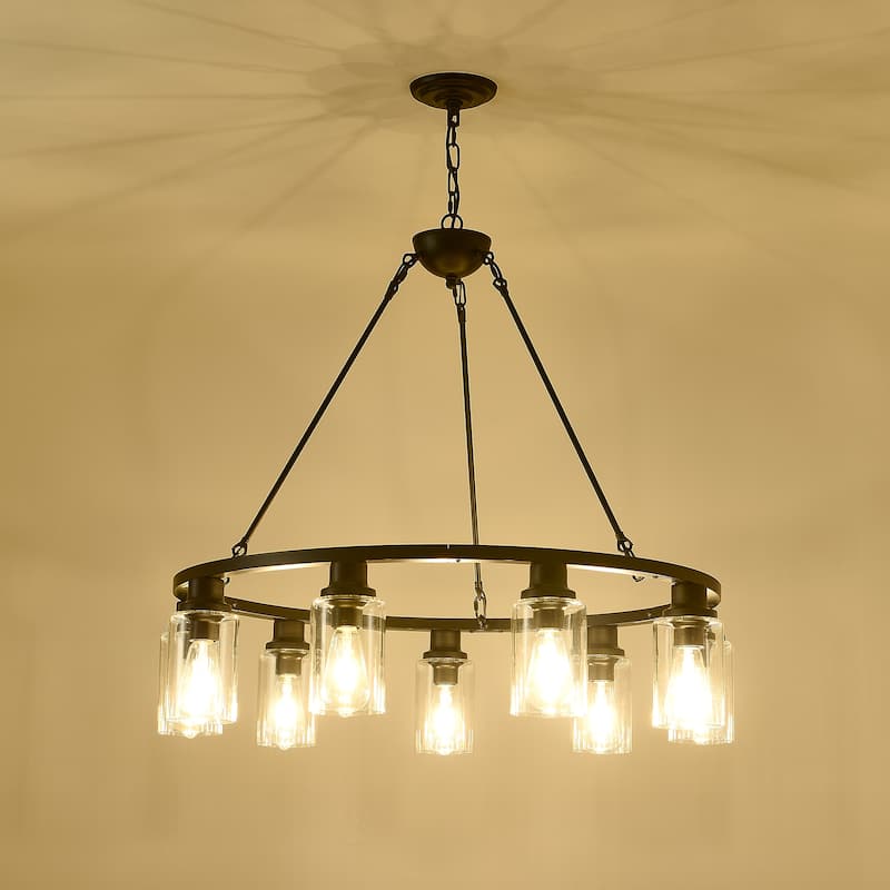 9-Light Black Wagon Wheel Chandelier With Light (No Bulbs) For Living Room Dining Room Kitchen--E26