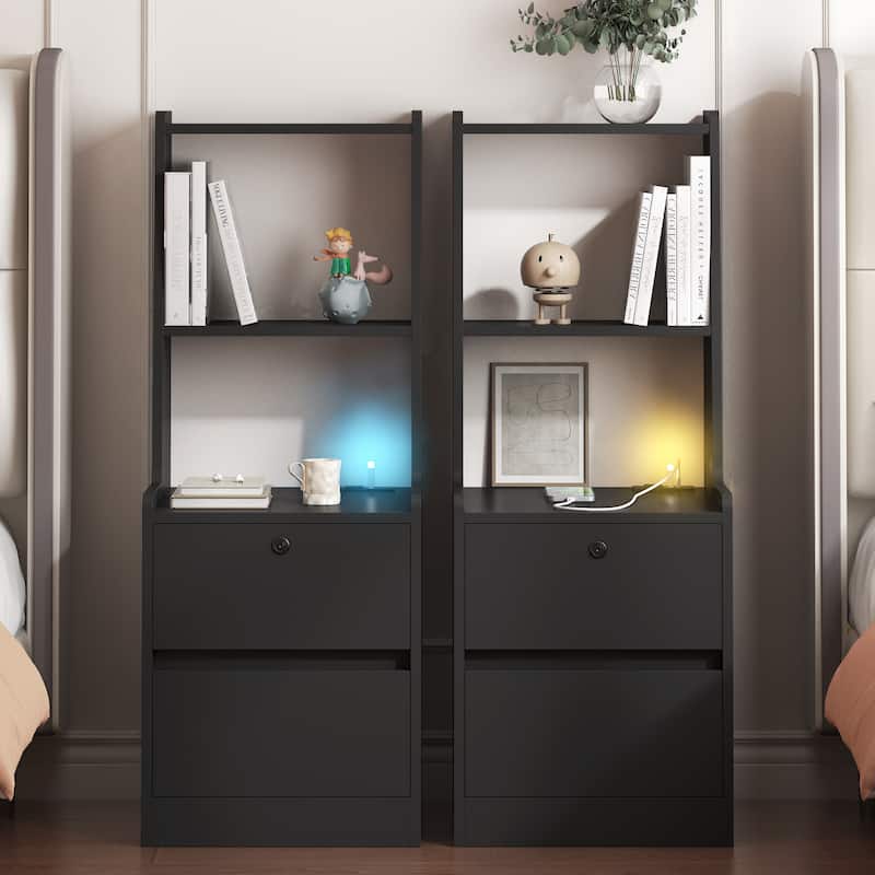 Nightstands with Charging Station,Night Light,Bookshelf (Set of 2)