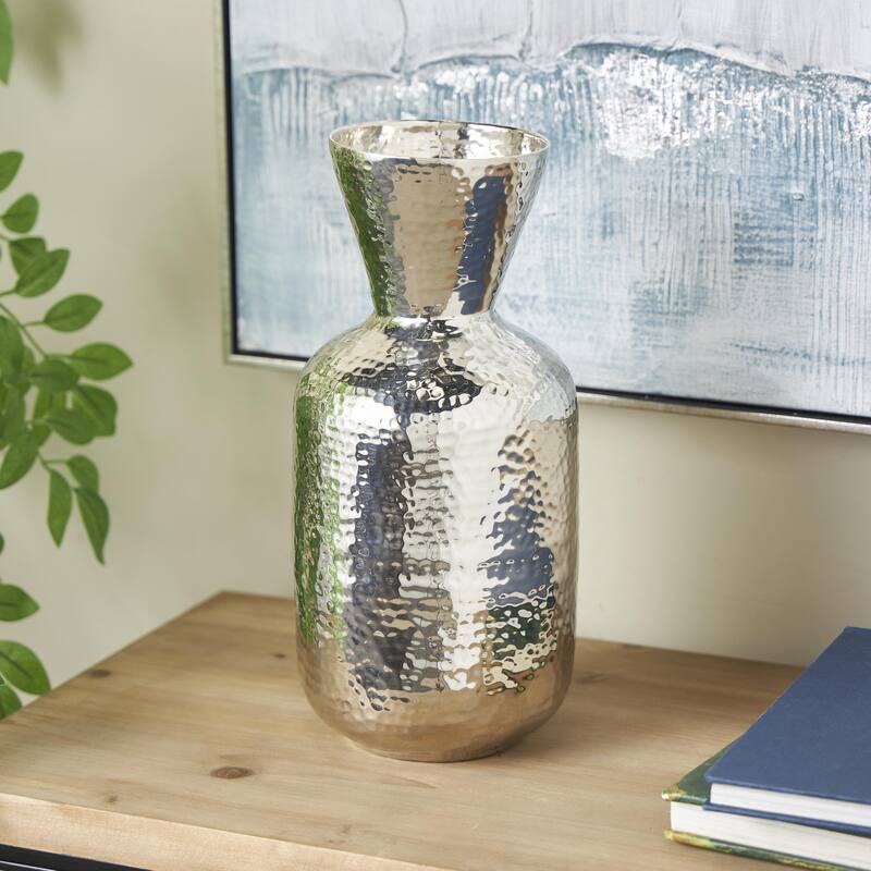 Silver Aluminum Metal Hammered Decorative Vase with Cone Shaped Opening - Silver - 6"W, 13"H