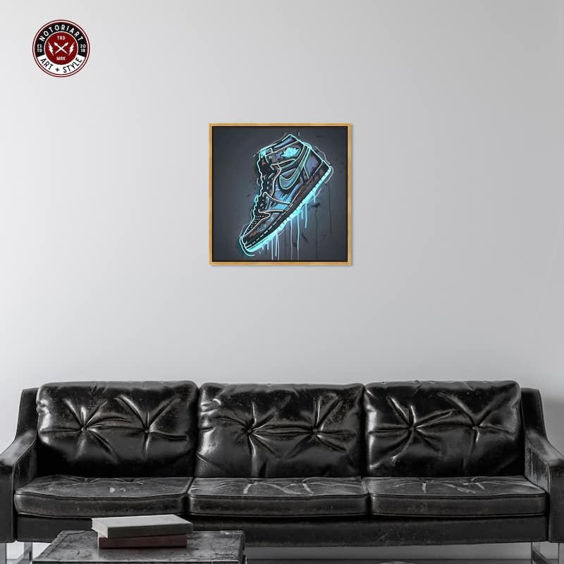 Notoriart Blue Glow Sneaker Framed Sneaker 1 Piece Canvas Wall Art