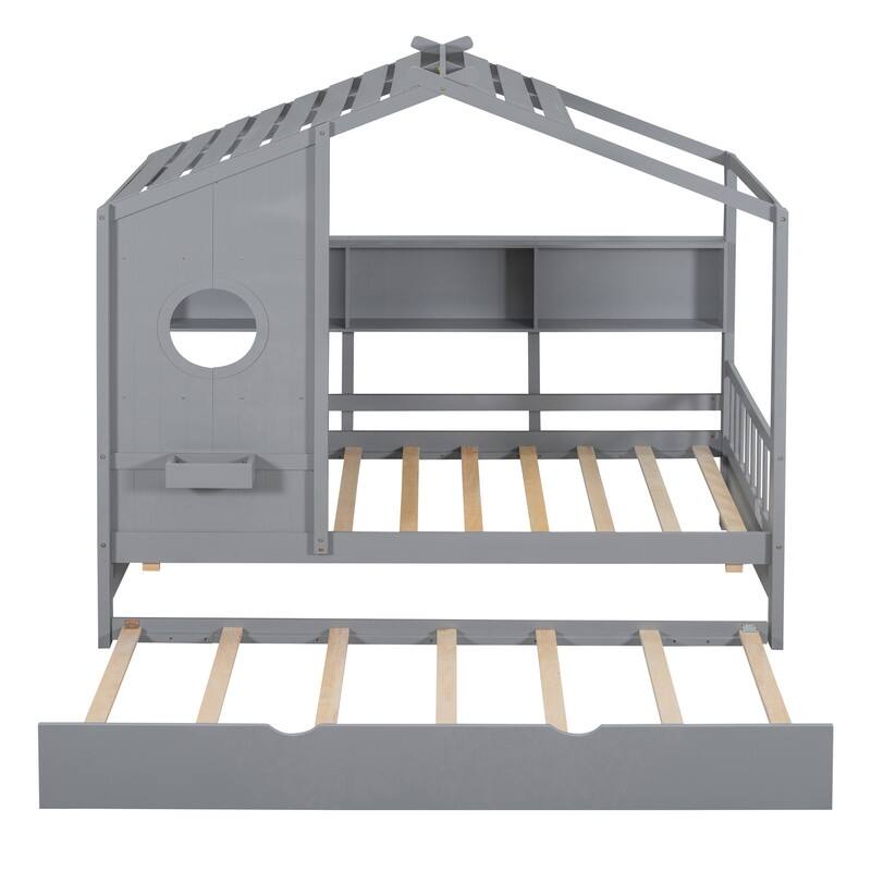 Twin Size Wooden House Bed With Trundle and Storage Shelf