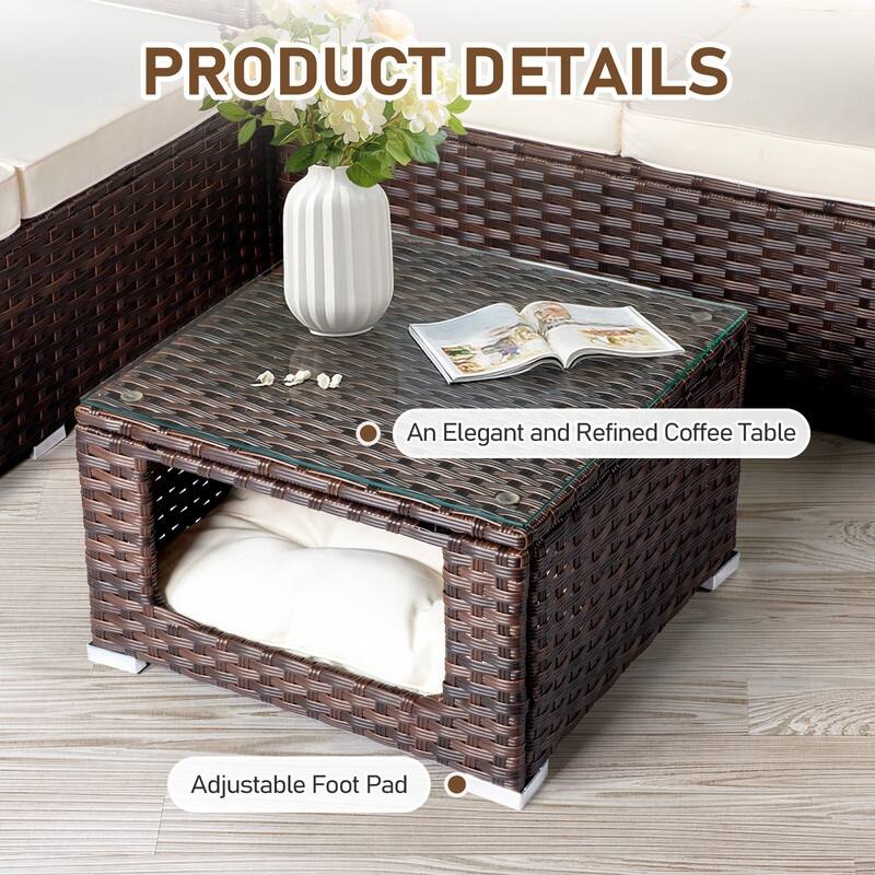 Patio 4-Piece Wicker Sectional Set with 2 Loveseats, Hydraulic Storage Box & Pet House Table