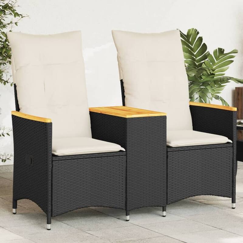 vidaXL Reclining Patio Sofa 2-Seater with Table Loveseat Furniture Poly Rattan - 23.2 x 51.2 x 36.2 in - Black Without footrest/ Wood