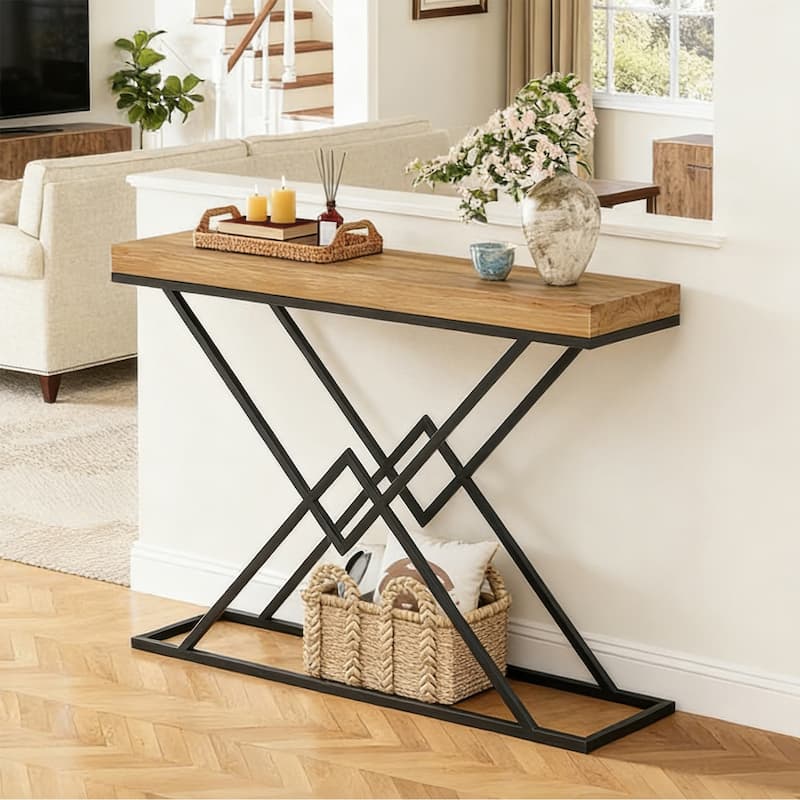 43.2" Solid Wood Console Table with Stylish Geometric Metal Base