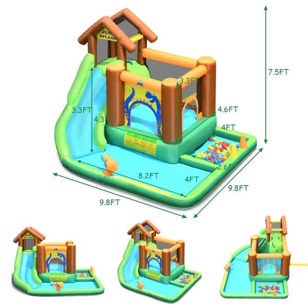 dimension image slide 0 of 2, Inflatable Waterslide Bounce House Climbing Wall Ball Pit with Blower - Green, Yellow and Blue - 145" x 120" x 91" (L x W x H)