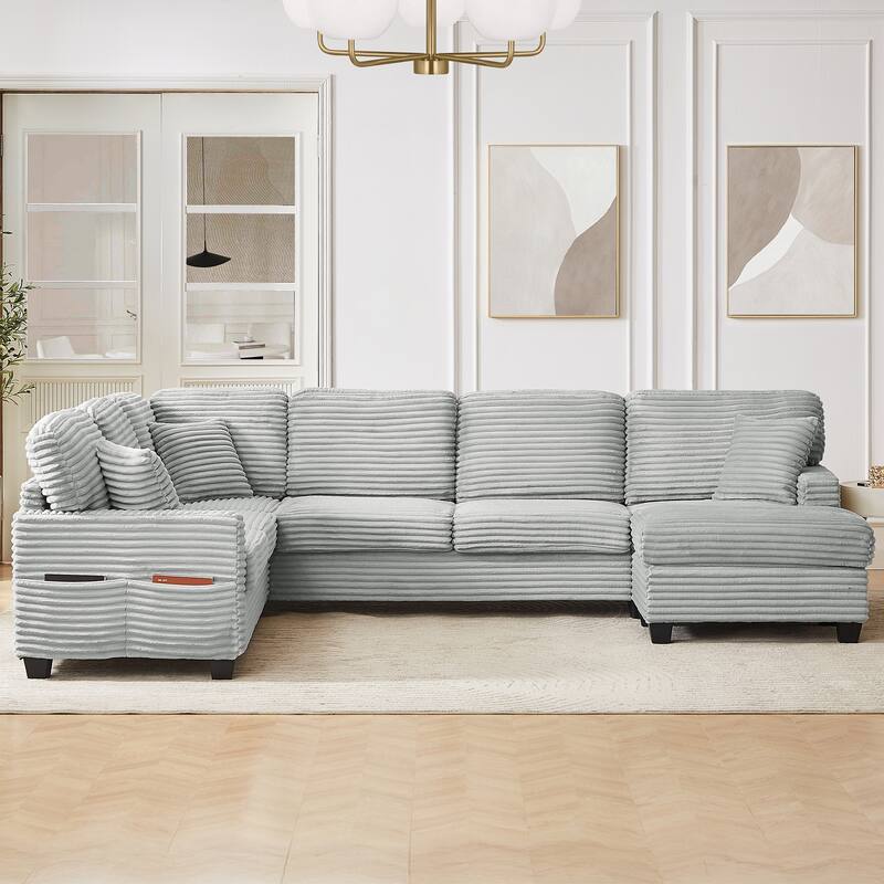 Roomfitters U-Shaped Upholstered Sectional Sofa with Movable Ottoman and Side Storage Pockets for Living Room