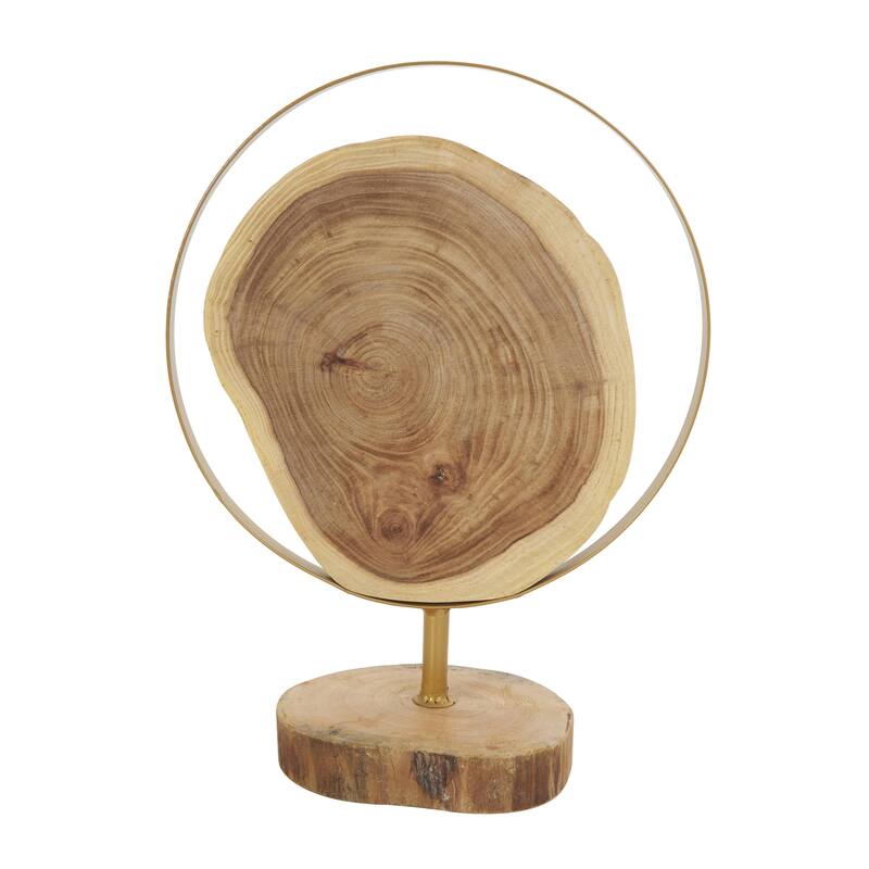 Wood Abstract Handmade Live Edge Slab Decorative Sculpture with Gold Metal Rings - Set of 2 Brown - Roche River Decor