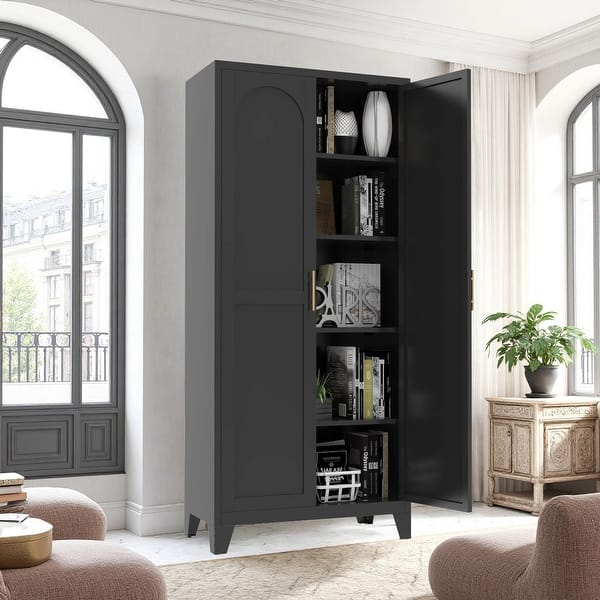 slide 2 of 18, Anmytek 71" Tall Metal Storage Cabinet with 2 Doors and Adjustable Shelves Black for Bedroom Living Room Kitchen