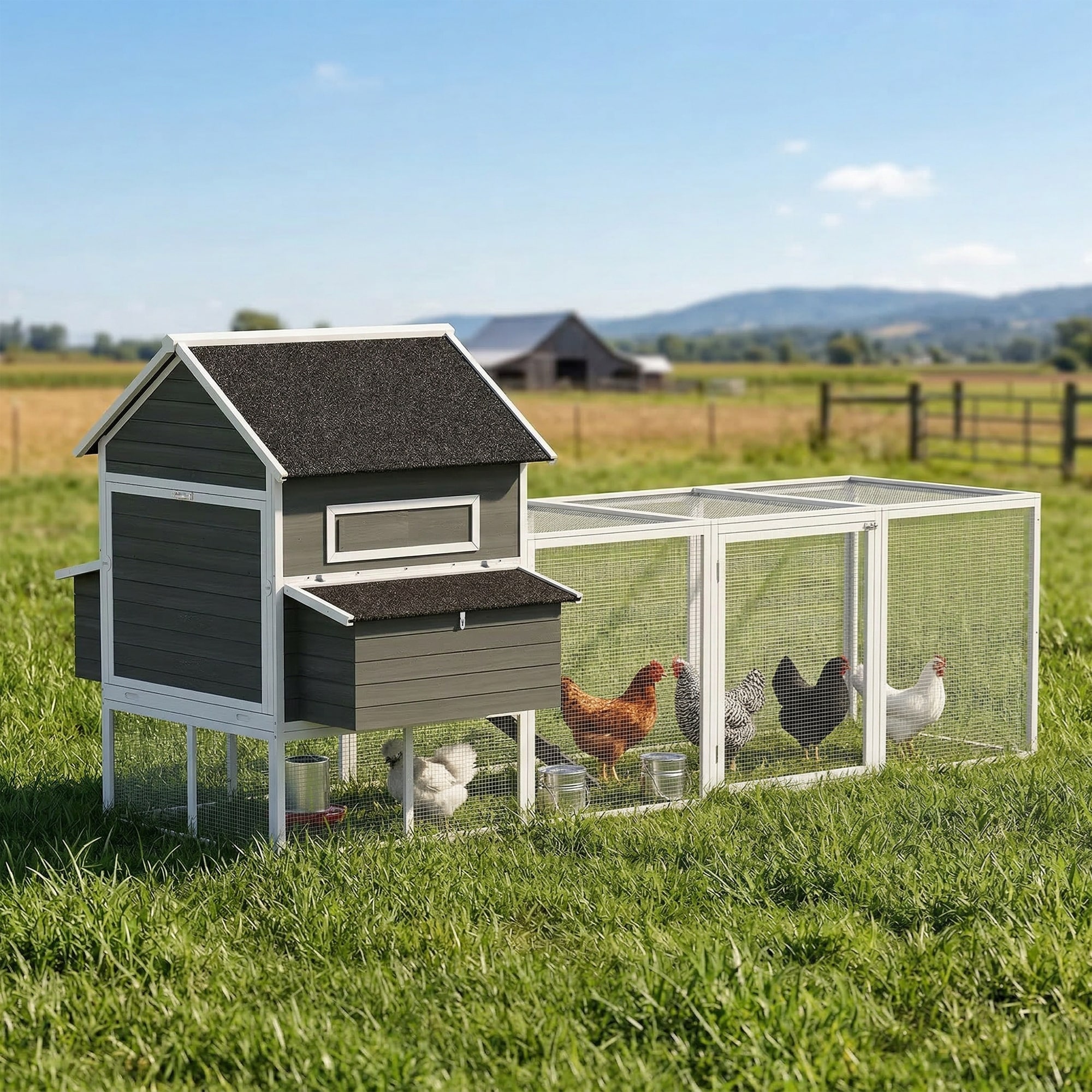 PawHut 137" Chicken Coop for 4-6 Chickens,Chicken House with Nesting Box and Backyard Run, Dark Gray
