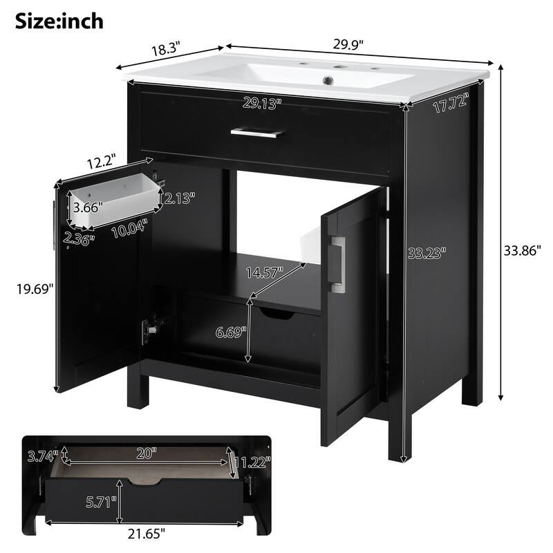 30-Inch Bathroom Vanity with Ceramic Sink and Ample Storage