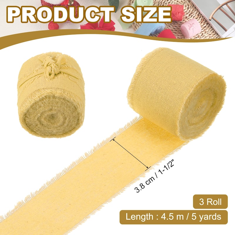 1-1/2"x15 Yd Handmade Fringe Cotton Ribbon Frayed Ribbons 3 Roll - 5Yd - Yellow