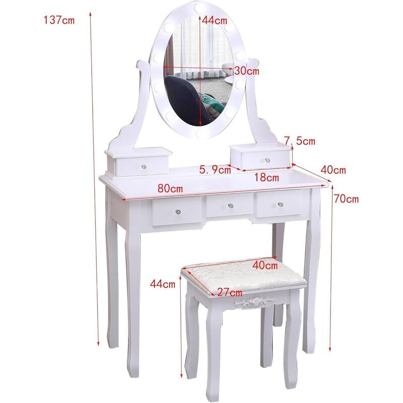 Modern Vanity Desk with Oval Mirror and Stool - Wood Makeup Dressing Table, 3 Lighting Modes, 5 Large Drawers