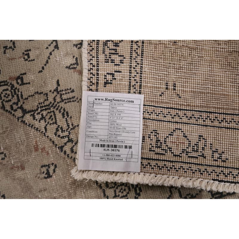 Distressed Tabriz Vintage Persian Rug Hand-Knotted Beige Wool Carpet - 6'6" x 9'11"