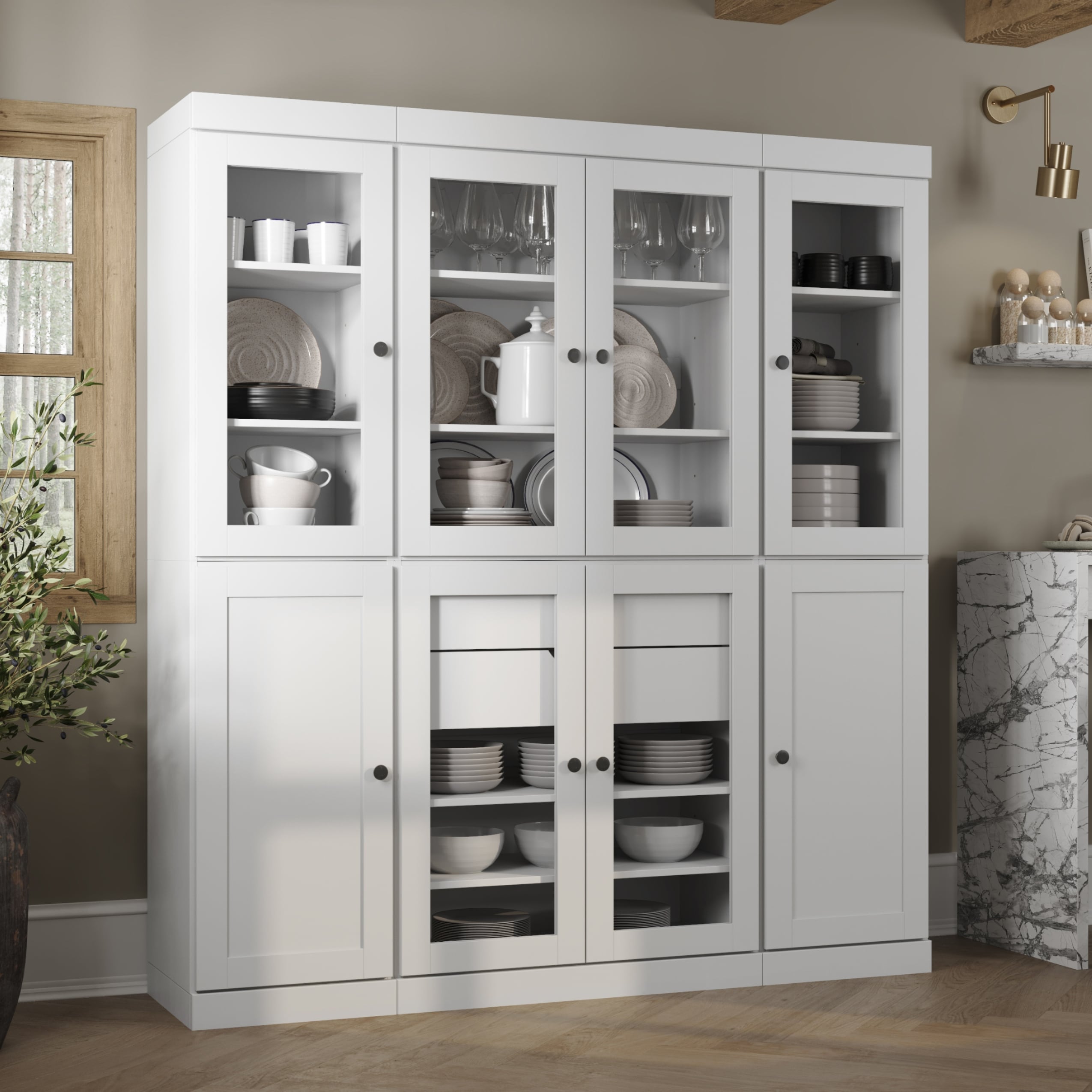 Palace Imports 100% Solid Wood Tall Clear Glass & Shaker Pantry China Cabinet with 2 Drawers, 65" W x 71.5" H