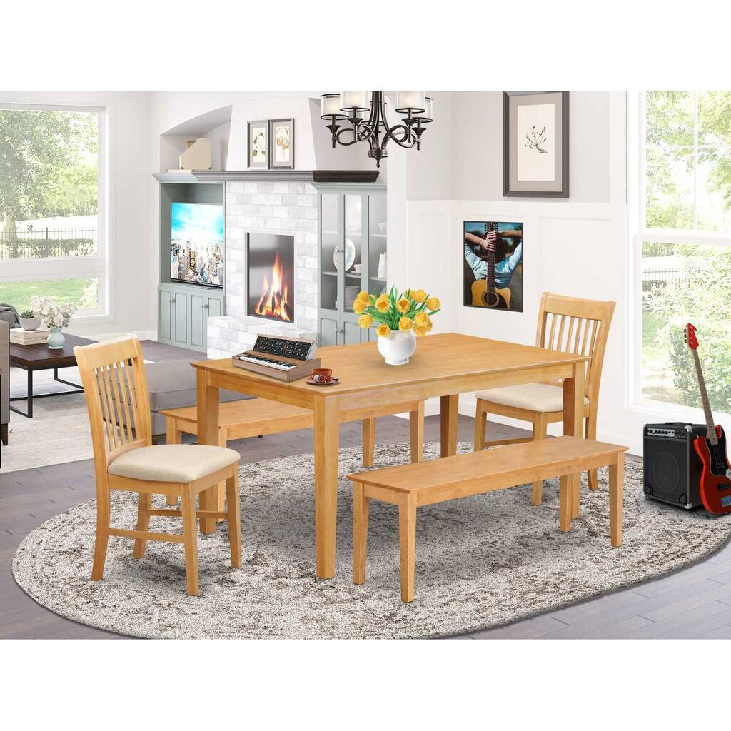 HomeStock 5-Piece Rectangle Natural Oak Finish Solid Wood Top Dining Table with 2 Benches, 2 Chairs with Lattice Back