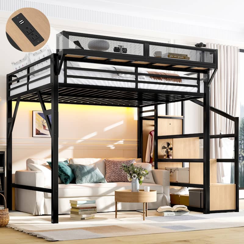 Queen Loft Bed with Storage Stairs, Shelves, Wardrobe, USB Ports, LED Lights, Noise-reduced Design - Natural Wood