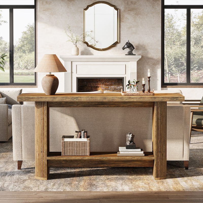 55" Industrial Brown Console Table 2-tier Sofa Table for Entryway