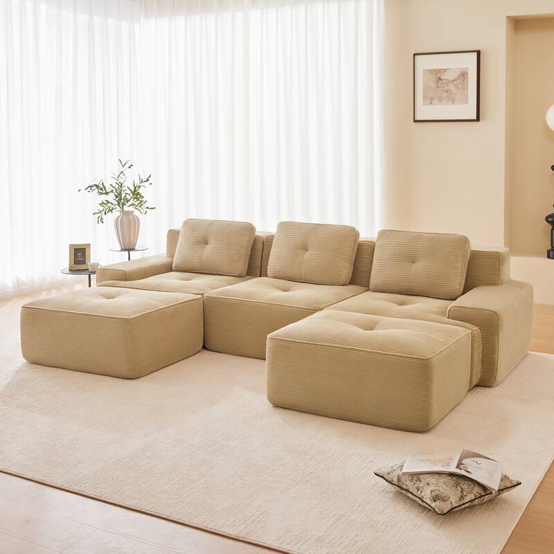 Roomfitters No Assembly Modular Sofa, 117 Inch Corduroy 3-Seater with Piping, Camel - Camel 117" U-Shape