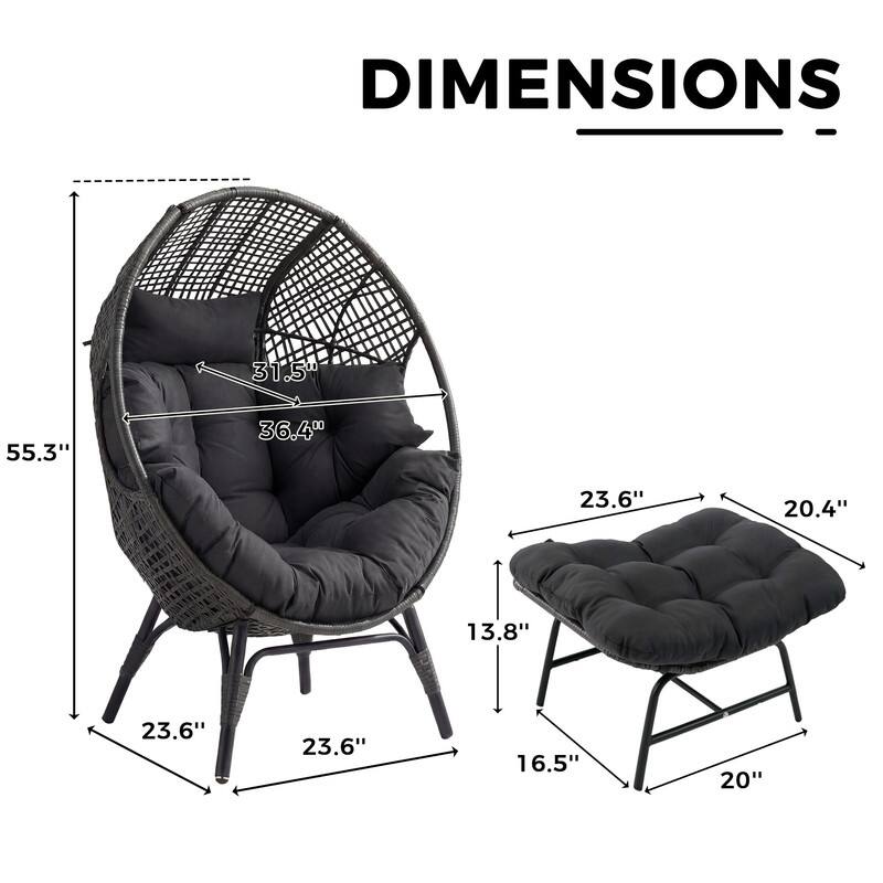 Oversized Wicker Egg Chair with Ottoman, 6.5" Thick Cushions, 440 lb Capacity, Stationary Boho Indoor/Outdoor Lounge Chair