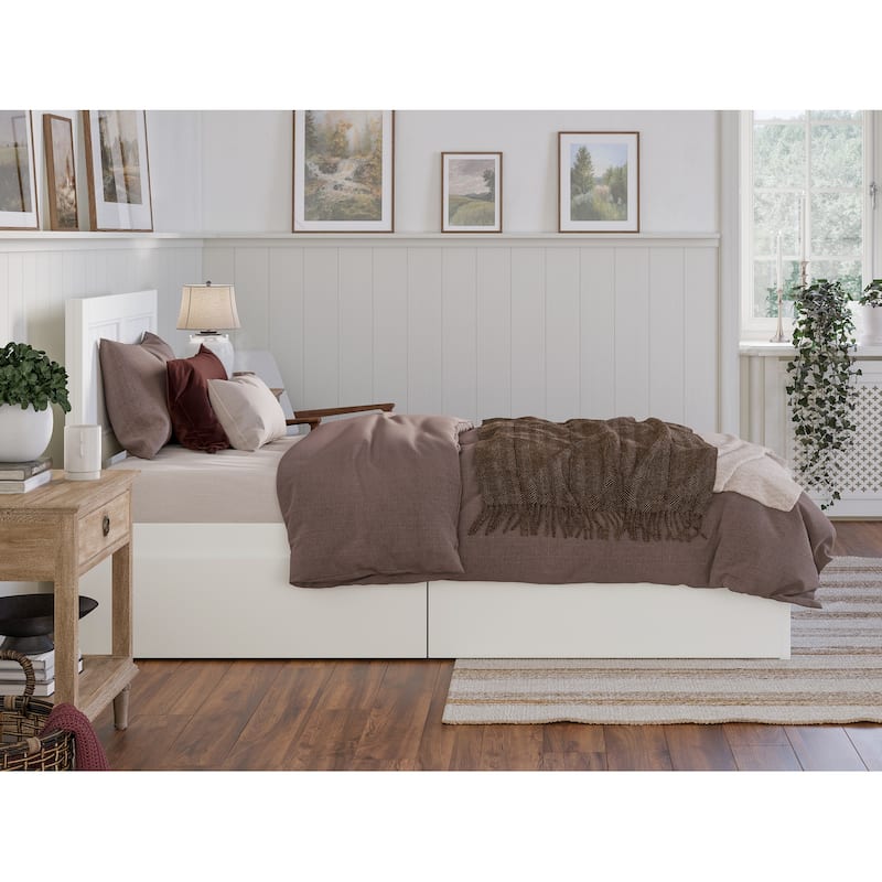 Twin XL Platform Bed with Storage & Footboard - Modern Bedroom Furniture Set - White Finish