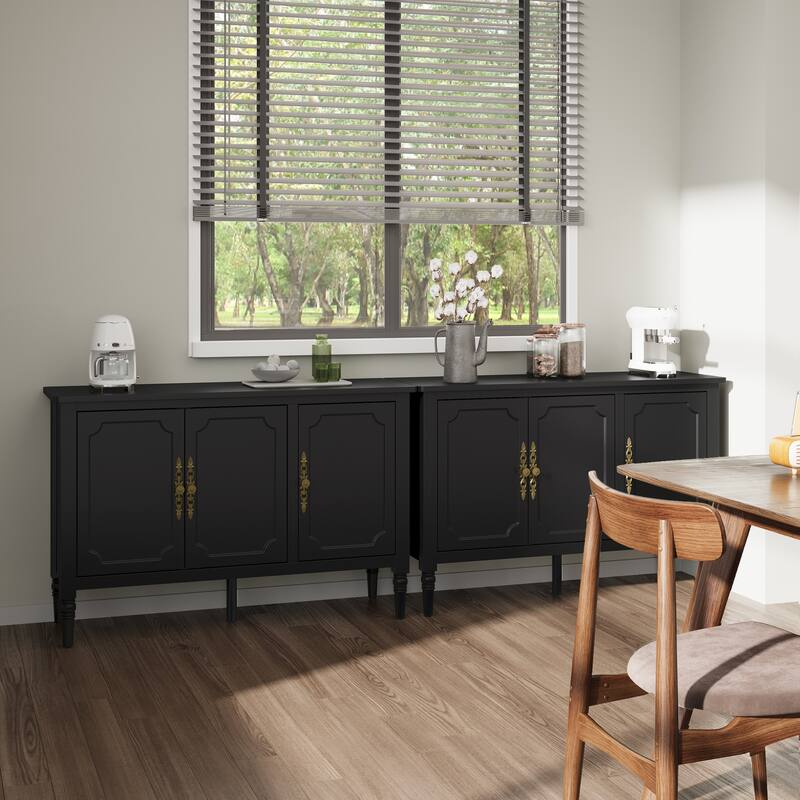 Black 3-Door Storage Cabinet with Adjustable Shelves and Turned Legs