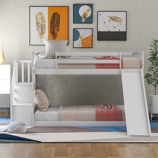Twin over Twin Bunk Bed with Slide, Stairway, and Storage Shelves, White