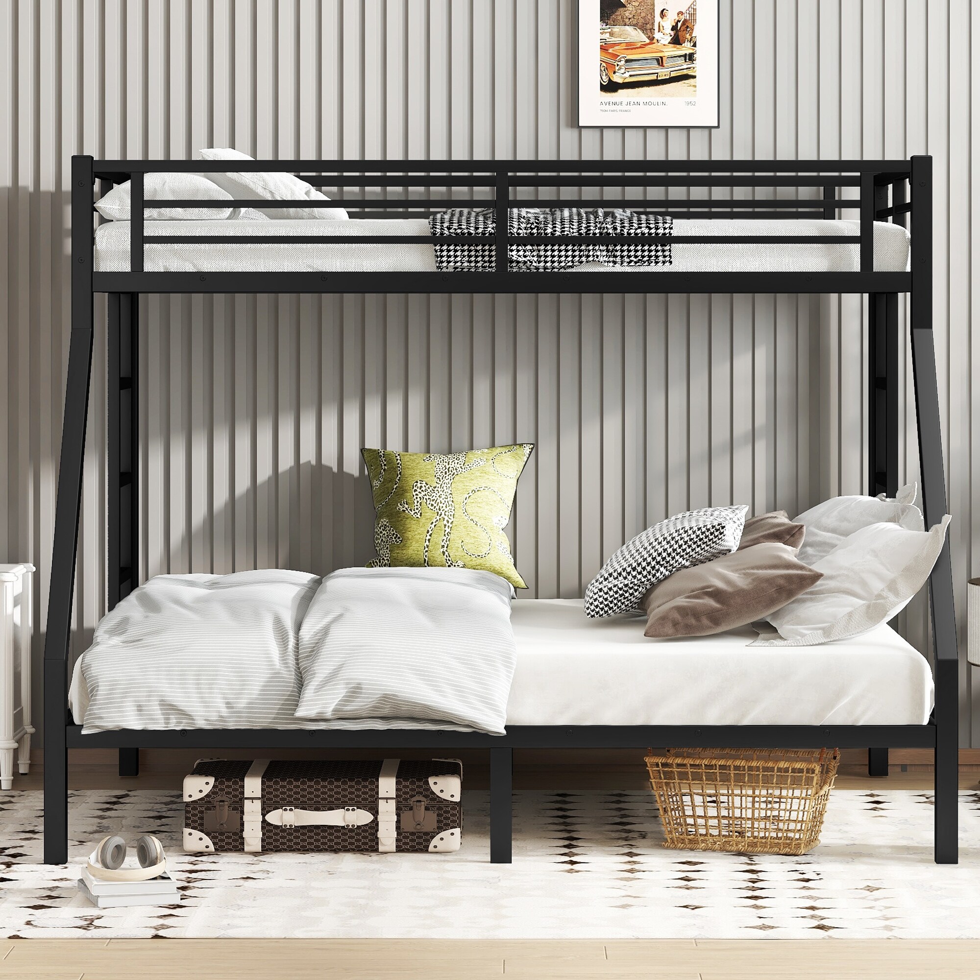 Metal Bunk Bed Frame with Safety Guardrail, Heavy Duty Metal Slat Support, Noise Free