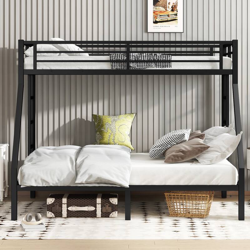 Twin XL Over Queen Bunk Bed Heavy-Duty Metal Bed Frame with Dual-Sided Ladders, Safety Guardrails and Under-Bed Storage - Black - Queen