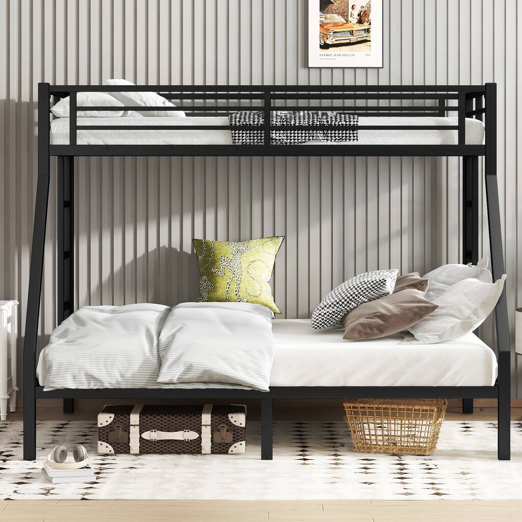 Twin XL Over Queen Bunk Bed Heavy-Duty Metal Bed Frame with Dual-Sided Ladders, Safety Guardrails and Under-Bed Storage