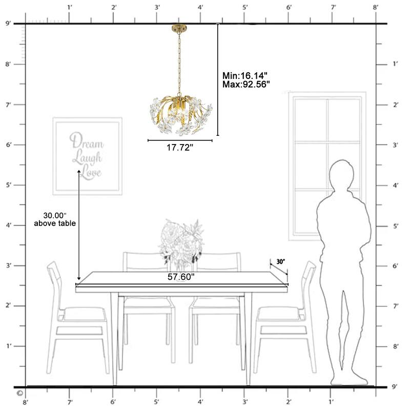 Brushed Gold 4-Light Branch Chandelier with Crystal Floral Accents - Dia.17.72-in