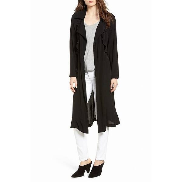 Shop Trouve Black Womens Small S Ruffle Drape Front Belted Duster