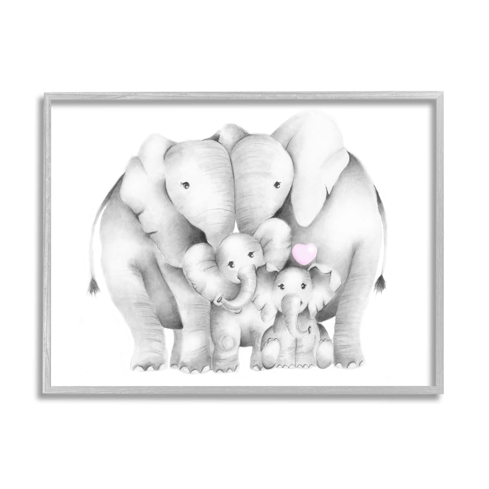 Stupell Baby Elephants with Animal Family Cute Pink Heart Framed Wall Art