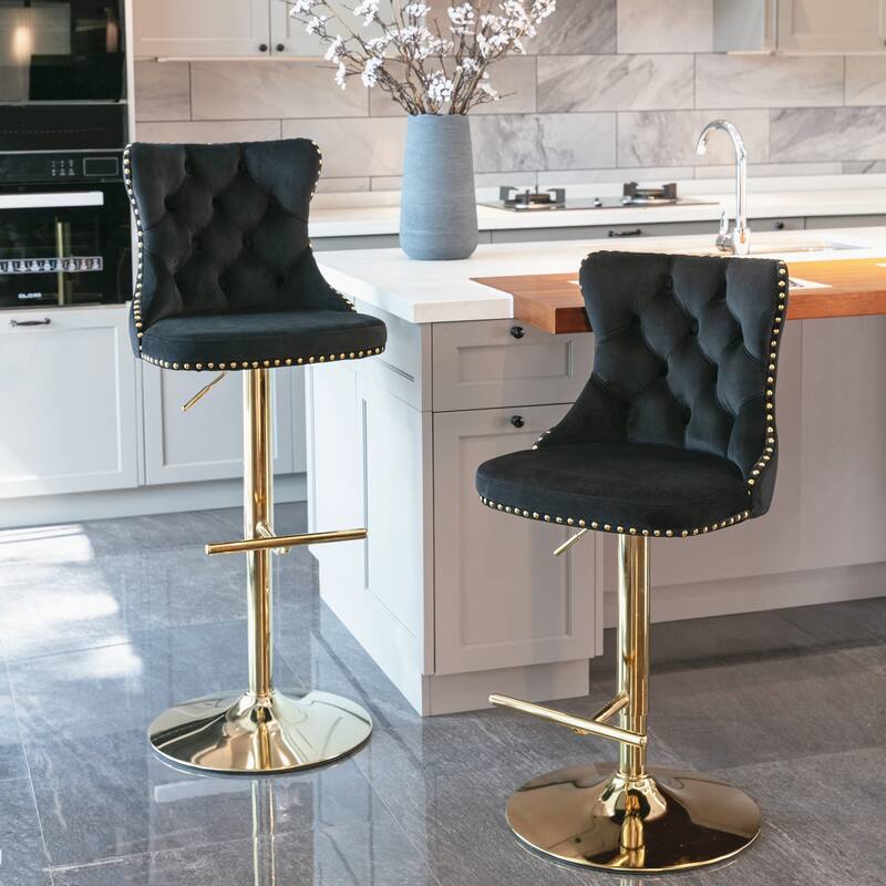 Adjustable Barstools Set of 2 Swivel Velvet Upholstered Accent Chairs with Tufted and Footrest for Home Pub and Kitchen Island - Black