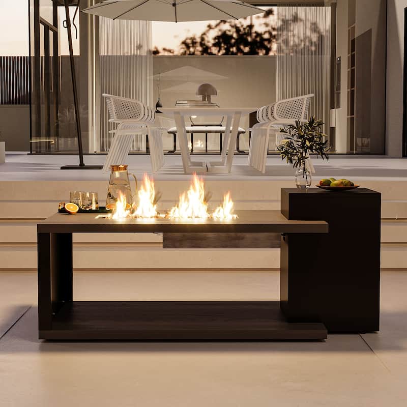 Outdoor Patio Coffee Table, Heavy-Duty Table with Gas Fire Pit & Rain Cover