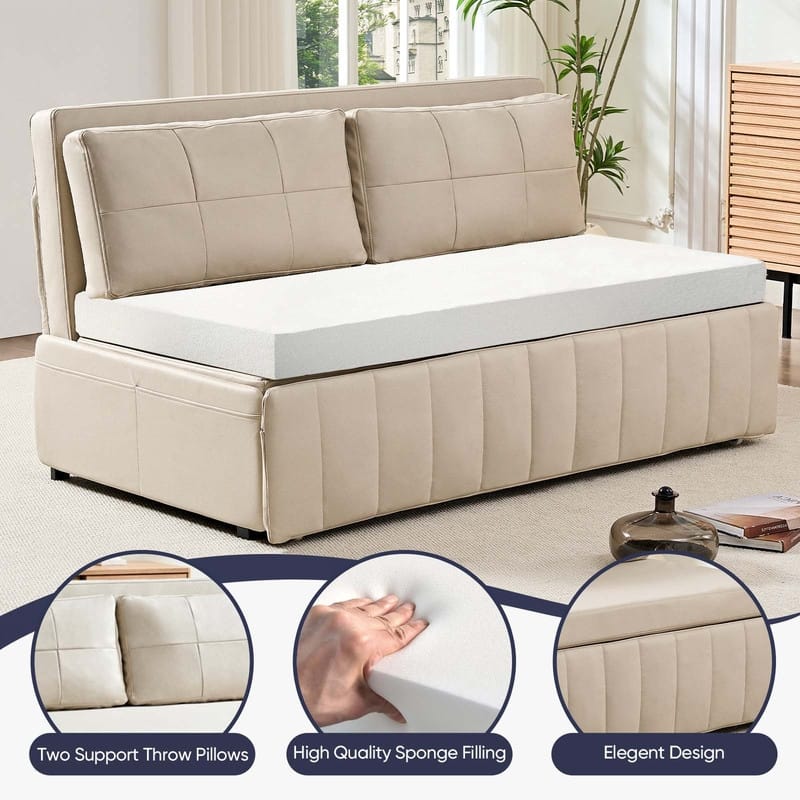 Mixoy Modern 62''Pull Out Sofa Bed,3-in-1 Pull Out Leathaire Fabric Sleeper Sofa Couch,Chaise Lounge,living room furniture