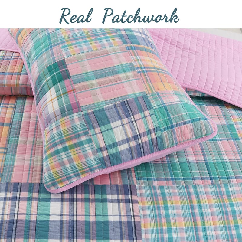 Porch & Den Copel Grid Pink Patchwork Cotton Reversible Quilt Bedding Set