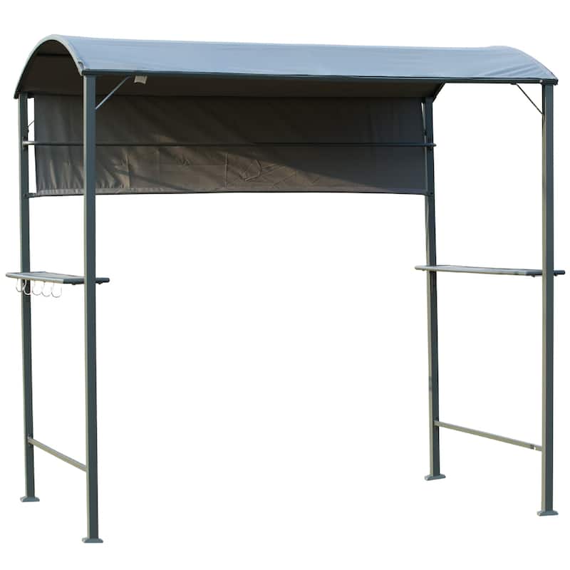 Outsunny 7 ft Outdoor Patio BBQ Grill Canopy Gazebo Tent with Side Awning, 2 Exterior Serving Shelves, & Storage 5 Hooks - Black