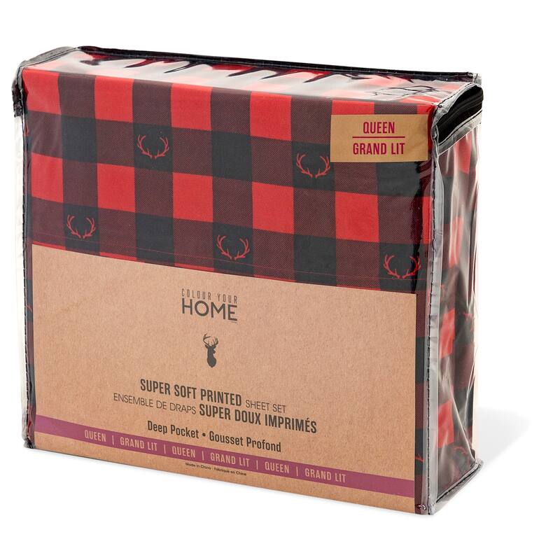 Printed 4 Piece King Buffalo Plaid Deer Antlers Sheet Set
