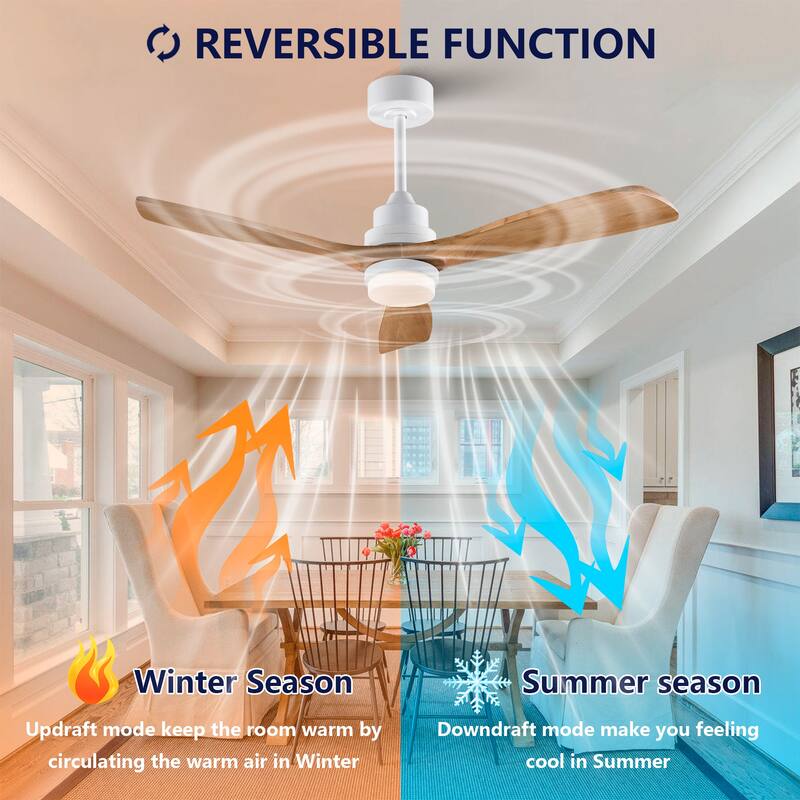 52 Inch Modern Ceiling Fan with LED Light, 3 Solid Wood Blades, Remote Control (3-Color Dimmable & Reversible)