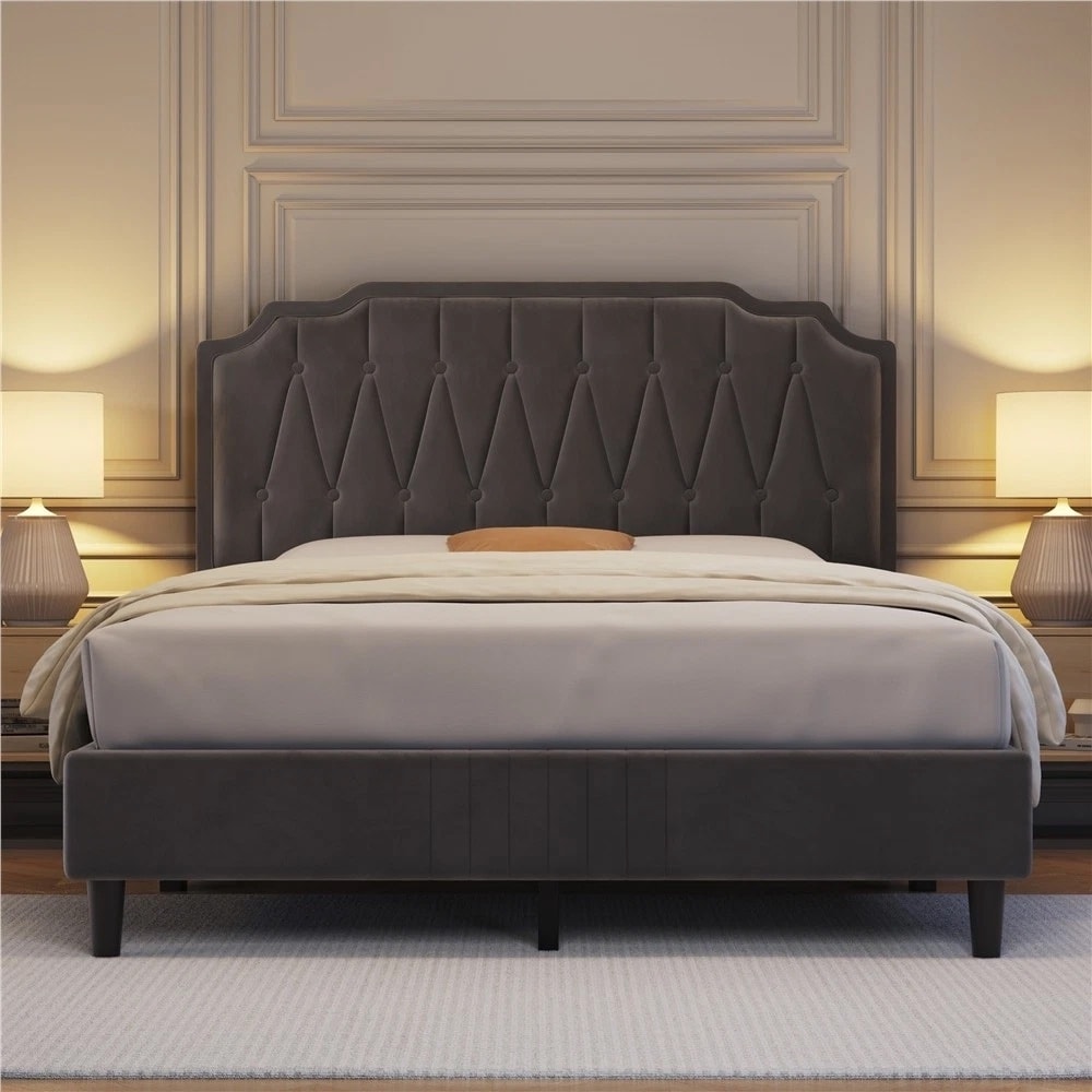 Full Upholstered Bed Frame Height Adjustable Slat Support Dark Gray