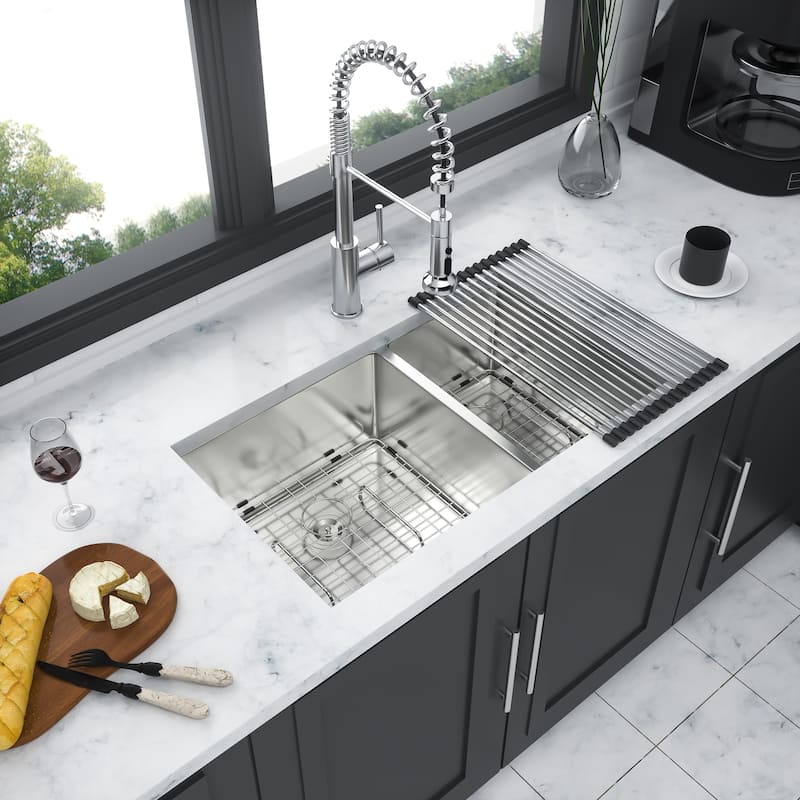 32 Inch Undermount Double Bowl 16 Gauge Stainless Steel Kitchen Sink in Brushed Nickel - 32'' x 18'' x 9''