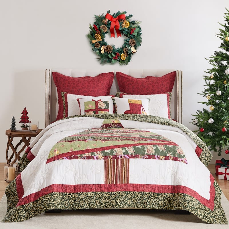 Greenland Home Fashions Christmas Tree Patchwork Cotton Quilt Set