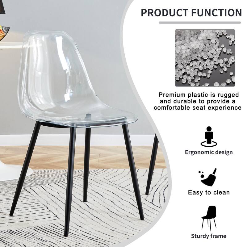 Roomfitters Transparent Plastic Dining Chairs with Black Metal Legs, Armless Crystal Nordic Style Set of 4 for Home Use, Black