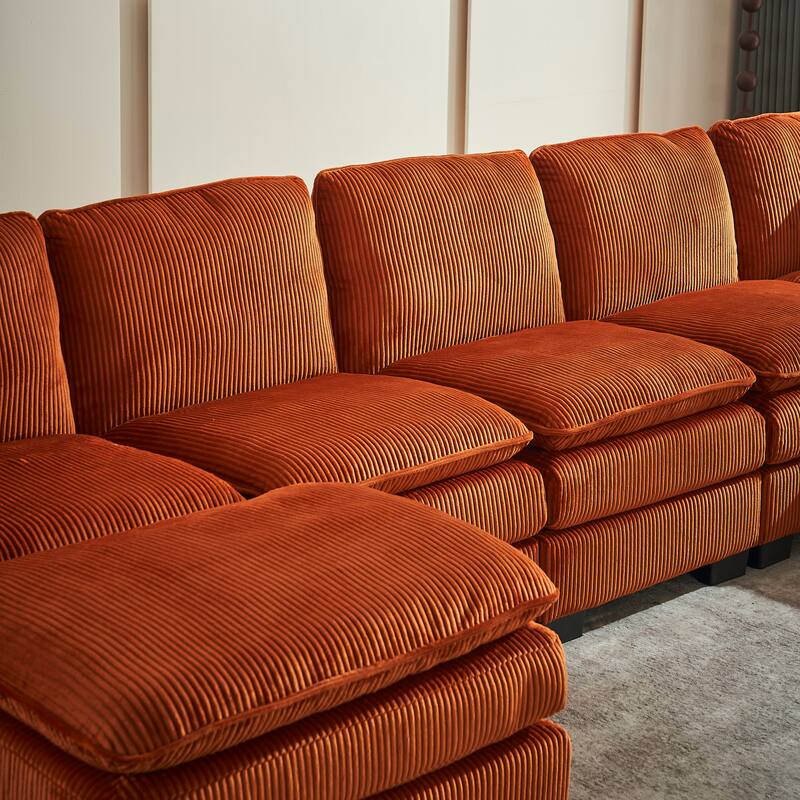 Corduroy Upholstered U-shaped Chaise Sectional Sofa Modular Sleeper Sofa Bed Deep Seat Couch with Ottoman and Pillows