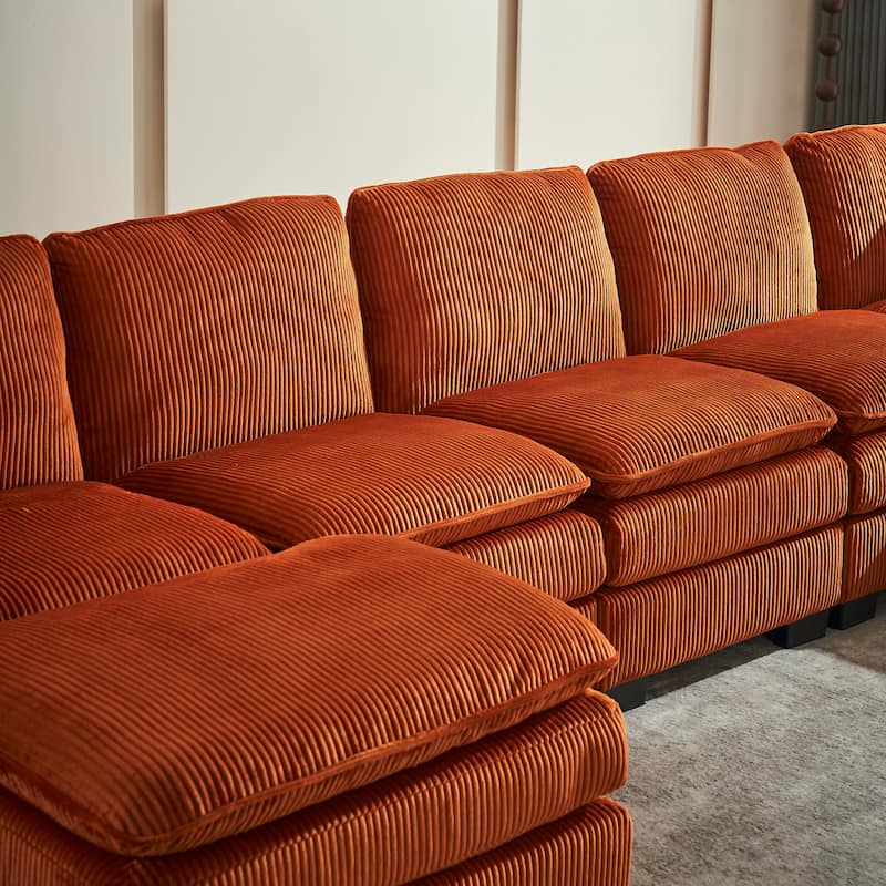 Orange 118.1'' Luxurious U-Shaped 6-Seat Sectional Sofa with Ottoman and 3 Throw Pillows, Durable Corduroy Upholstery