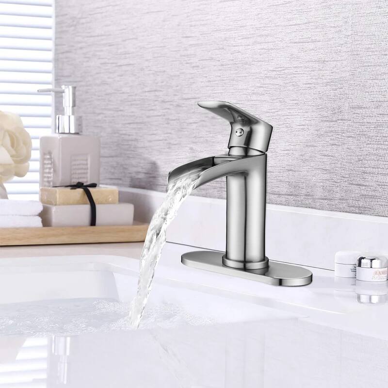 Waterfall Bathroom Faucet Single Handle Bathroom Sink Faucets 1 or 3 Hole Solid Vanity Faucet with Deck Plate & Overflow Pop