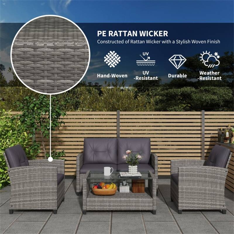 4-Piece Grey Wicker Patio Furniture Set with Charcoal Cushions and Two-Tier Coffee Table - 48.75" W x 26.75" D x 30" H