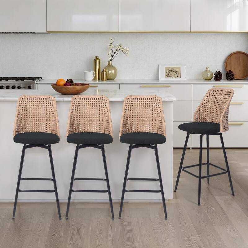 Chenille Counter Height Swivel Bar Stools Rattan Back with Metal Legs